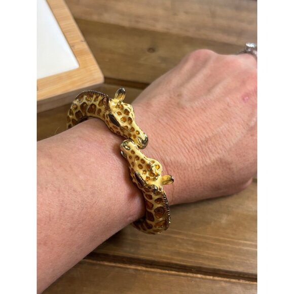 Giraffe Design Enamel Hinged Bangle Bracelet With Rhinestone Eyes & Gold-Tone Me - Picture 2 of 11